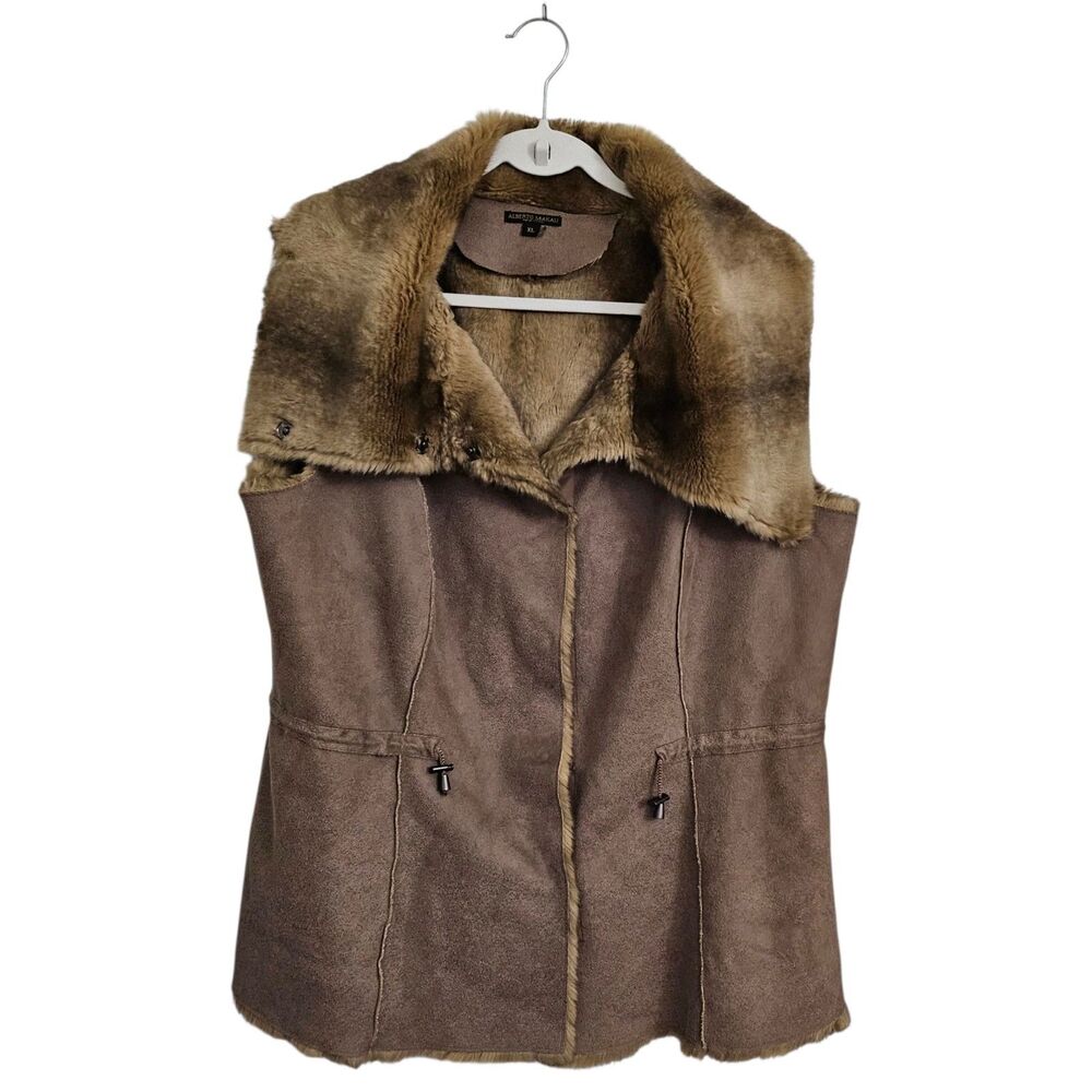 Alberto Makali Vest Jacket Womens XL Brown Faux Fur Suede Cinch Waist Snap Front